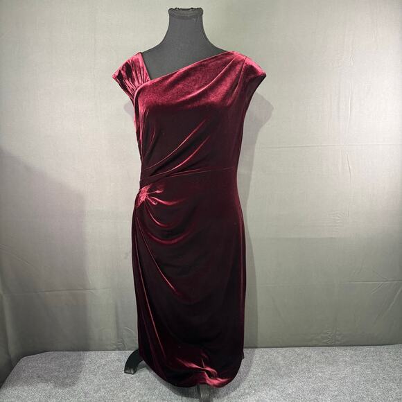 Ralph Lauren Dress Women’s 6 Velvet Asymmetrical Ruched Midi Glam Red Burgundy - Picture 1 of 13